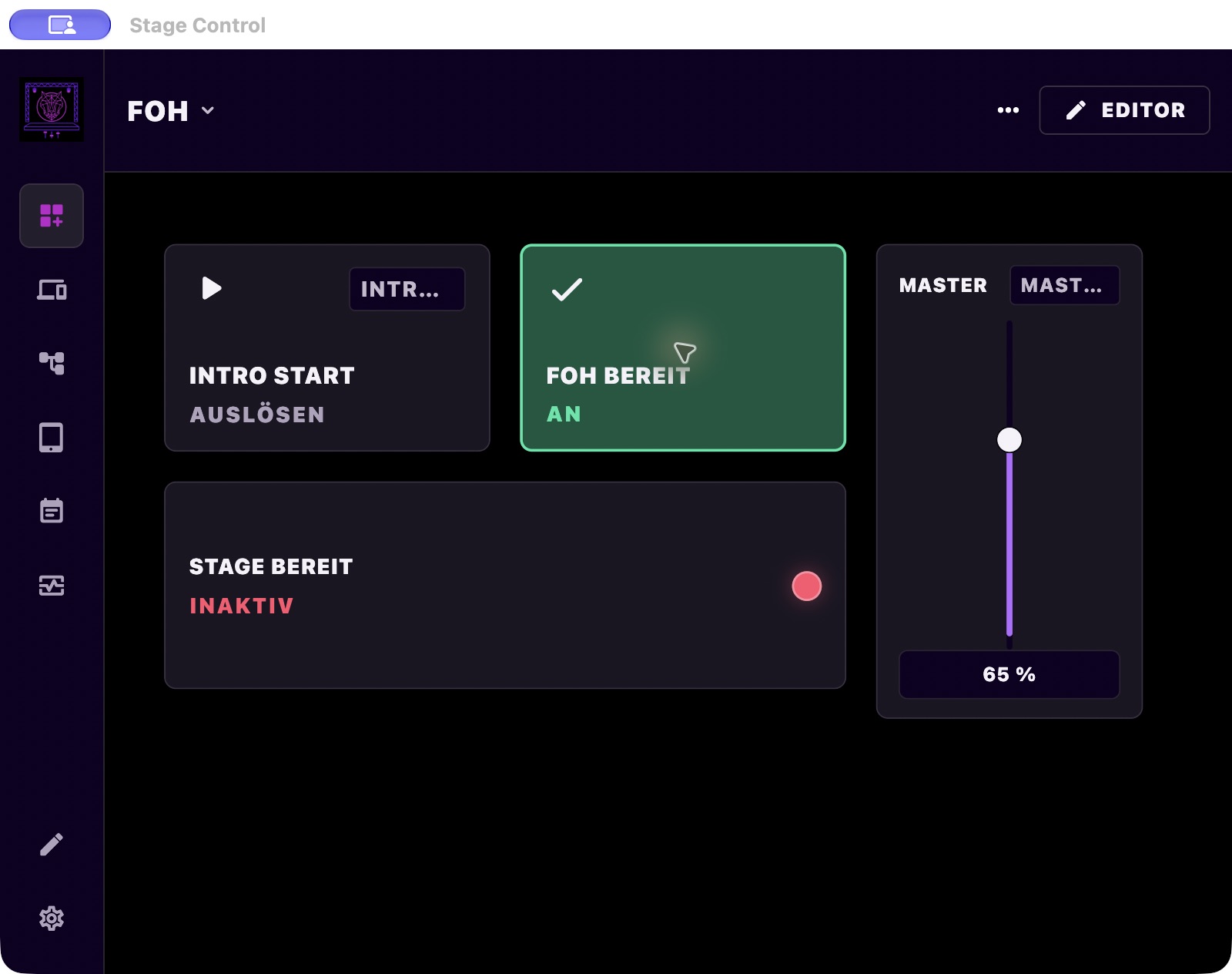 Echte Stage Control Oberfläche mit FOH-Buttons, Signalanzeige und Master-Fader